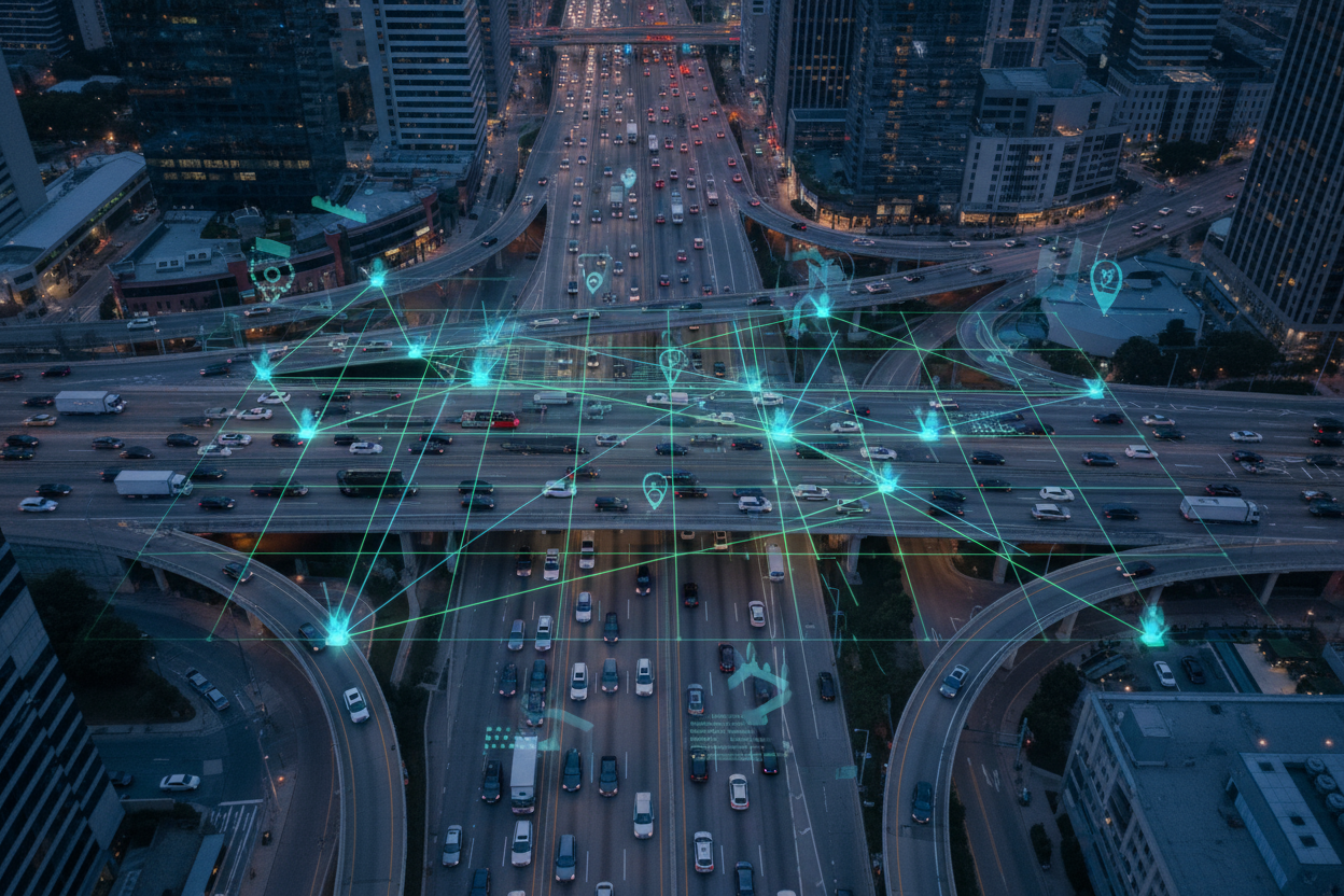 fais moi une photo avec plein de voiture relier avec des points satelite