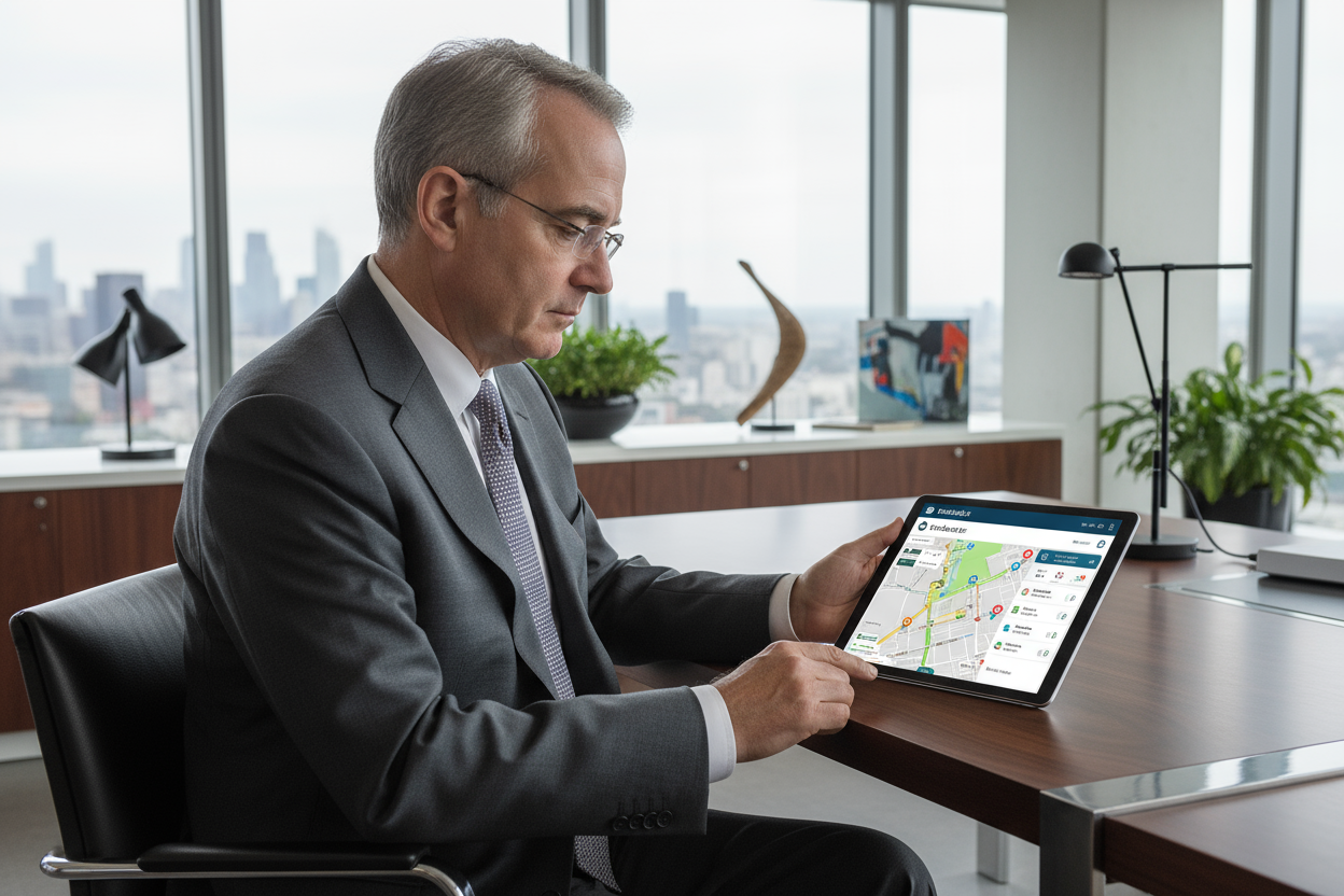 fais moi une photo de bernard madof qui utiliser mon application trackauto.fr